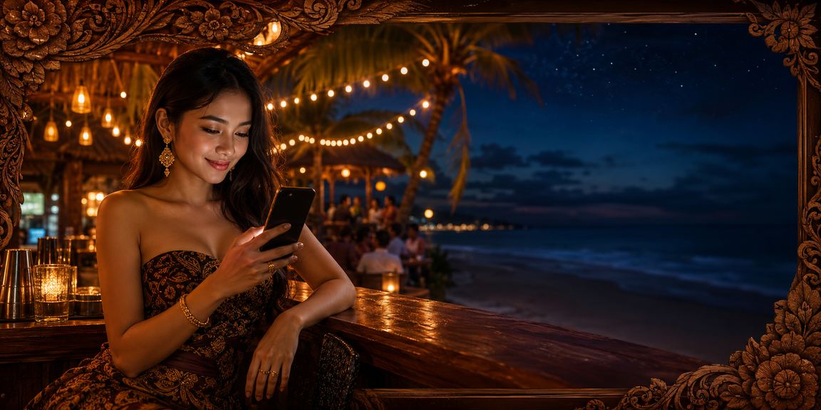 Pemandangan pantai eksklusif dengan aksen VIP dan lampu neon