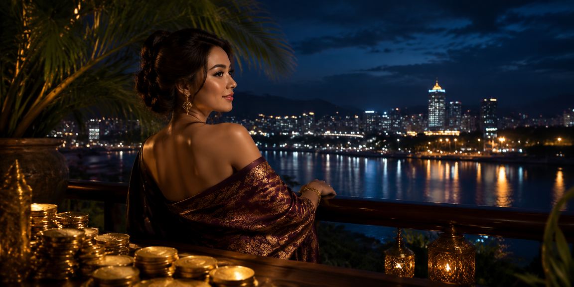 Model percaya diri di depan meja casino dengan nuansa elegan dan aman