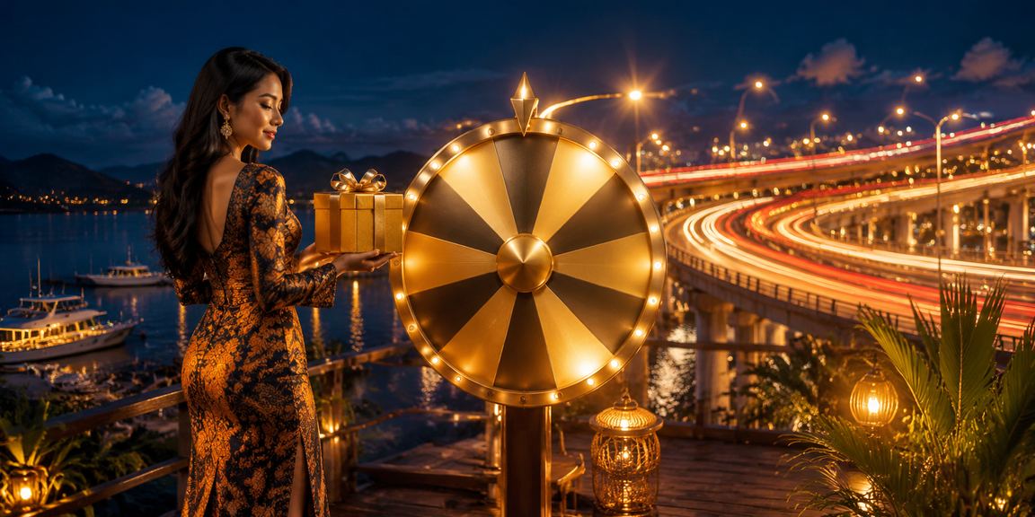 Model wanita berdiri di samping meja roulette casino dengan nuansa mewah