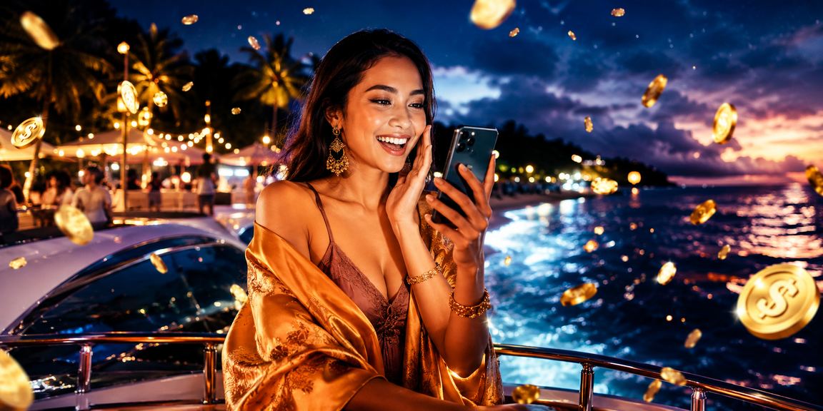 Suasana lotere dan pantai tropis yang cerah di platform hiburan online